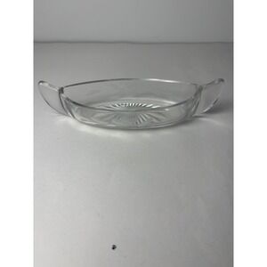 Vintage Clear Etched Star Glass Oval Canoe Boat Dish w Handles Floral Design